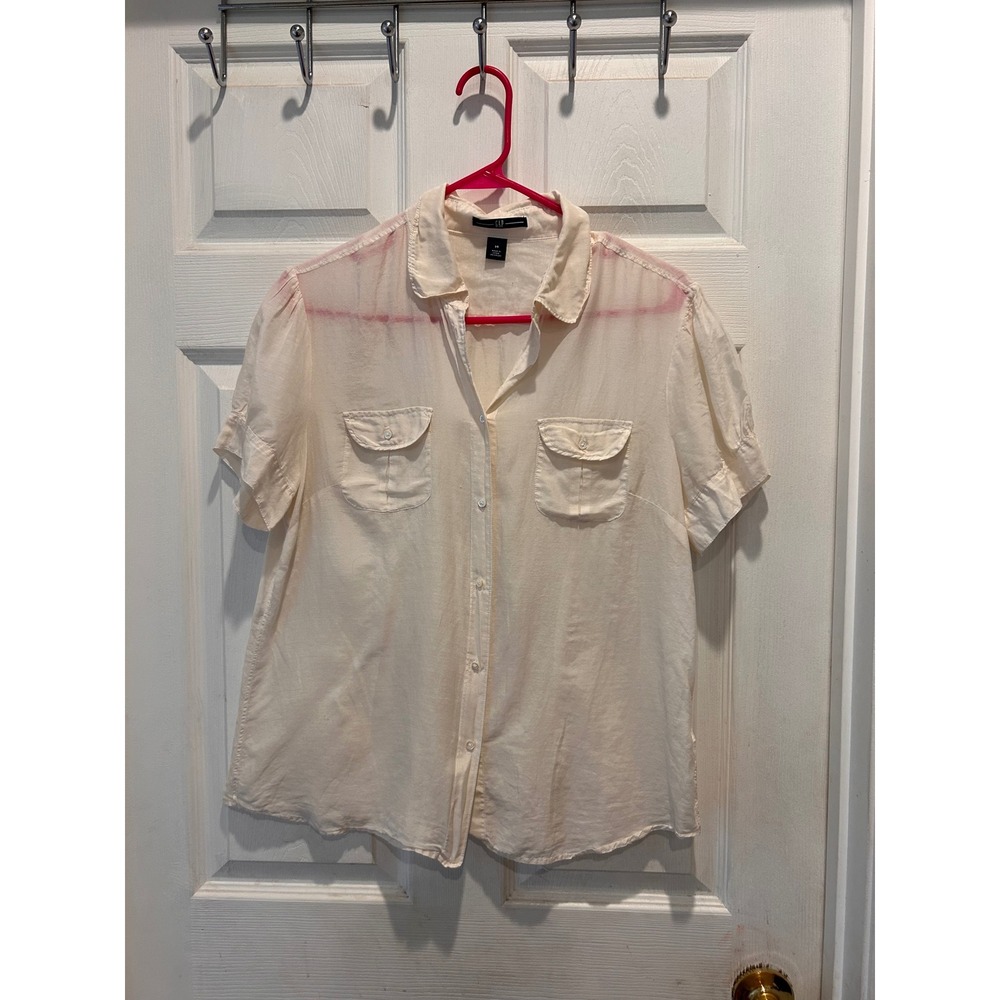 GAP Silk Cotton Blouse Womens 14 Ivory Button Up Short Sleeve Lightweight Top‎